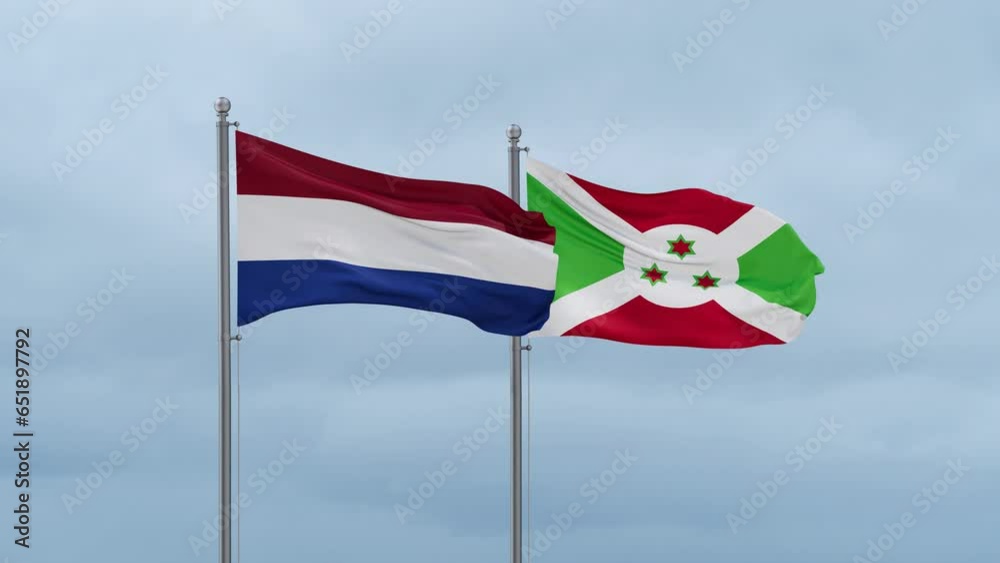 Burundi flag and Netherlands flag waving together on cloudy sky, endless seamless loop, two country relations concept Burundi flag and Netherlands flag waving together on cloudy sky, endless seamless loop, two country relations concept