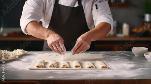 professional chef hands wrapping and filling preparing ravioli dough pasta dish and arrange. ai generative