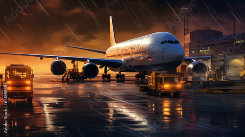 Large passenger aircraft being loaded in the night at airport.ai generative
