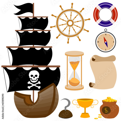 Pirate adventure.  Pirate set with a ship, compass, steering wheel. Pirates party kids adventure.