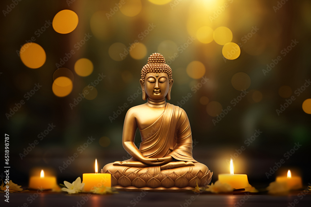 Buddha statue among candles and flowers, blurred golden background 5 Buddha statue among candles and flowers, blurred golden background 5