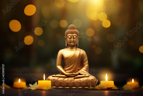Buddha statue among candles and flowers  blurred golden background 5