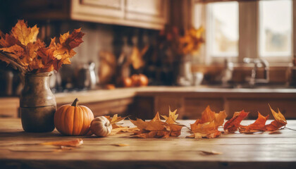 Autumn kitchen with pumpkin and leaves decoration with copy space