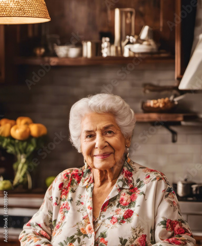 Elderly woman in her kitchen at home with copy space