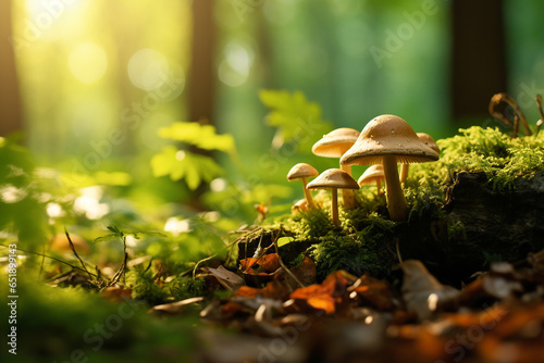 mushrooms under the sun's rays on a green meadow. ai generative