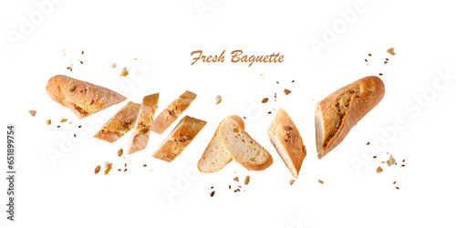 Konstfotografi Whole and cutting fresh baked loaf wheat baguette bread  with crumbs and seeds flying isolated on white background