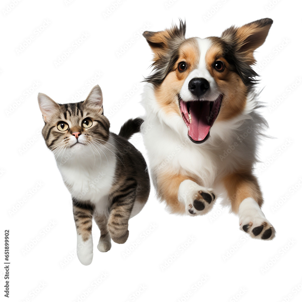 Cat and dog running together isolated on white background