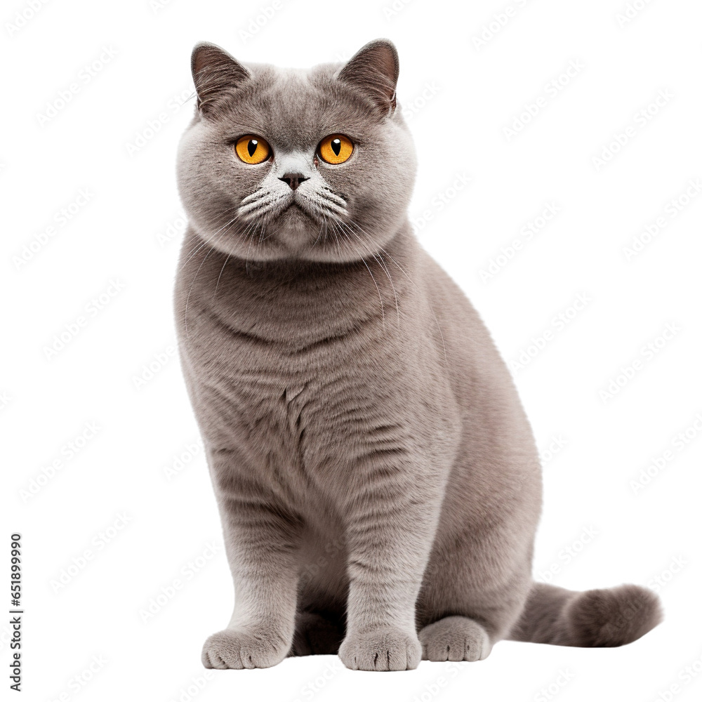 British cat sitting down and looking at camera side view isolated on white background