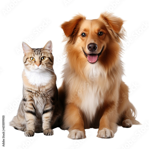 Cat and dog sitting together isolated on white background