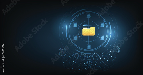 Document management and digital document paperless operation concept. Document management and Data transfer through cloud technology with modern internet technology on the dark blue background.