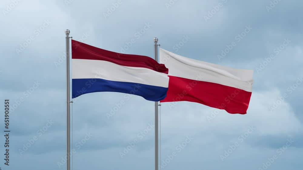 Poland and Netherlands flag waving together on cloudy sky, endless seamless loop, two country cooperation concept Poland and Netherlands flag waving together on cloudy sky, endless seamless loop, two country cooperation concept