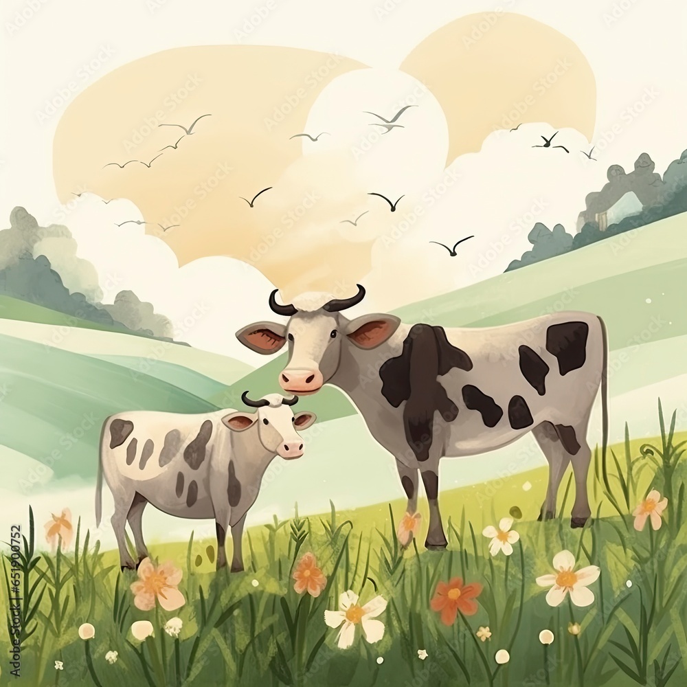AI generated art. AI illustration of two cows on a pasture in the field ...