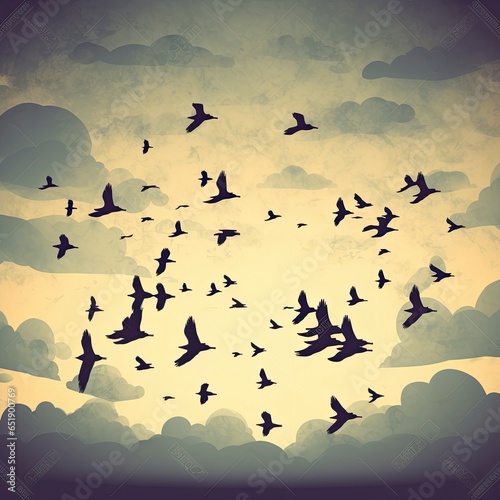 Vector illustration of a flock of birds flying in the sky, pastel colors. A silhouette of flocks of wild geese against the backdrop of dark grey and light beige tones. Dreamy atmosphere, mood. Freedom photo