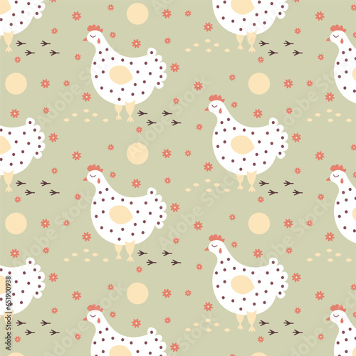seamless pattern white chicken pecks grain. vector. Thanksgiving Day. Easter