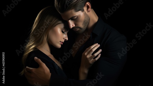 Beautiful young couple in love embracing on black background.
