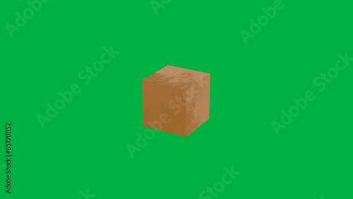 Animated single cargo box on green screen or chroma key. 3D cargo box. E-commerce, storage, delivery and packaging service concept. 3D 4K animation