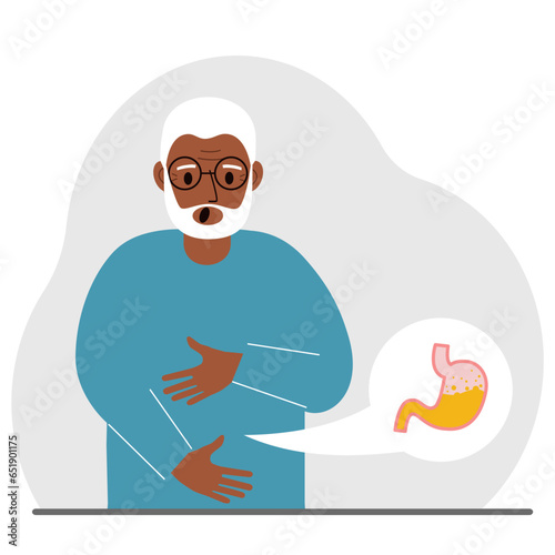 The concept of pain in the abdomen. The old man holds his stomach with both hands. Problems with the stomach or digestion.