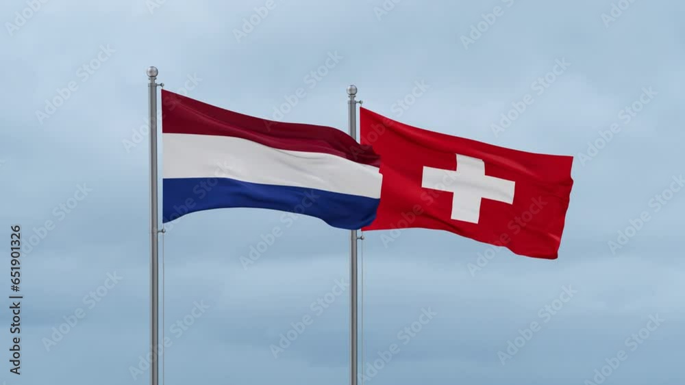 Switzerland and Netherlands flag waving together on cloudy sky, endless seamless loop, two country cooperation concept