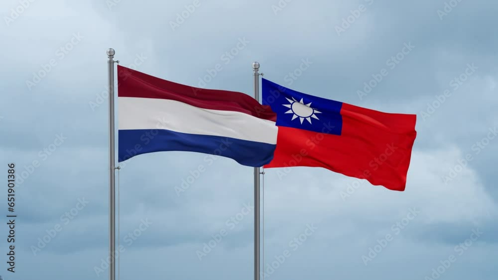 Taiwan and Netherlands flag waving together on cloudy sky, endless seamless loop, two country cooperation concept Taiwan and Netherlands flag waving together on cloudy sky, endless seamless loop, two country cooperation concept