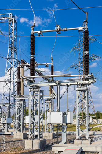 Disconnectors and insulators at an electrical substation.