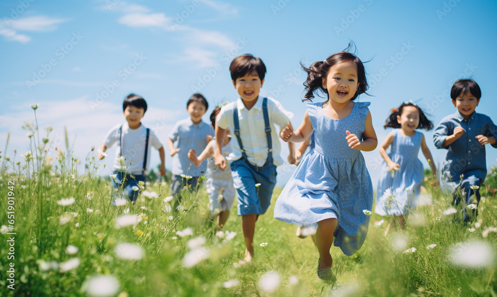 Group of happy little asian kids running on green summer field with Blue sky background. Group of happy little asian kids running on green summer field with Blue sky background.