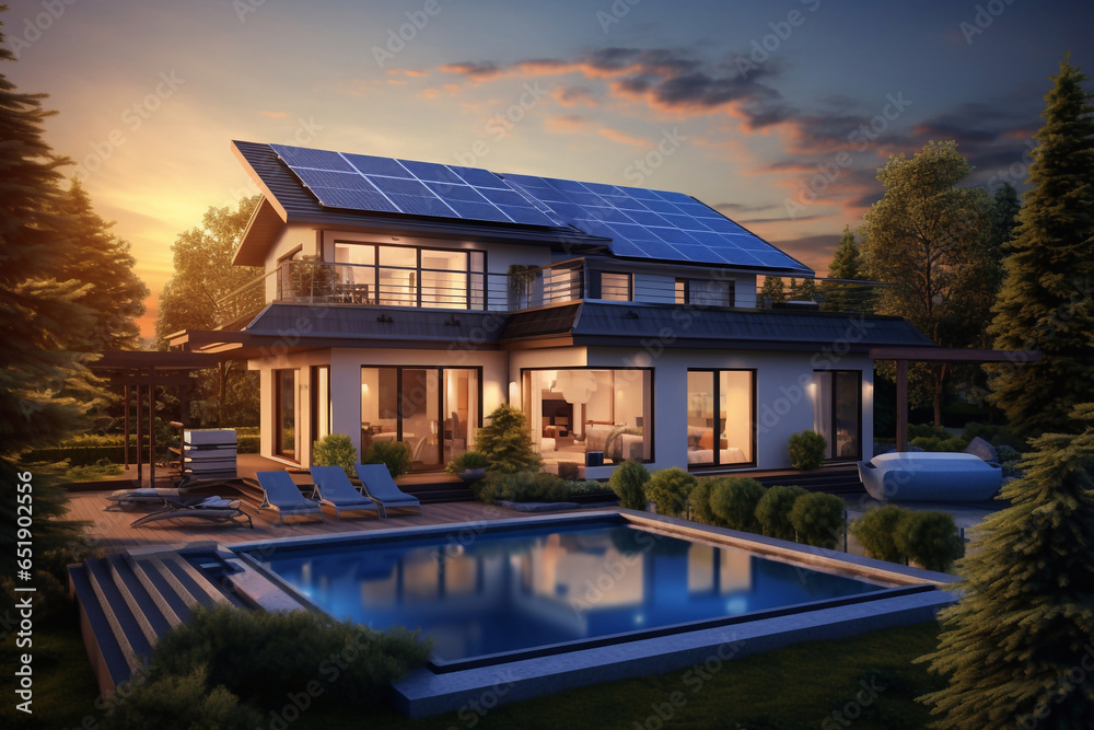 solar panels on roof of the house. renevable energy, green power concept - obrazy, fototapety, plakaty 