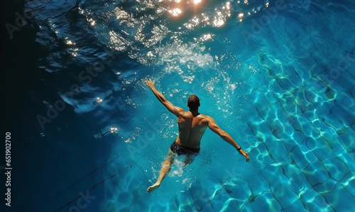 Top view of man swimming in pool. Background for sport and recreation on holiday. © Mangsaab