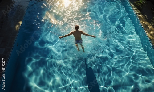 Top view of man swimming in pool. Background for sport and recreation on holiday. © Mangsaab
