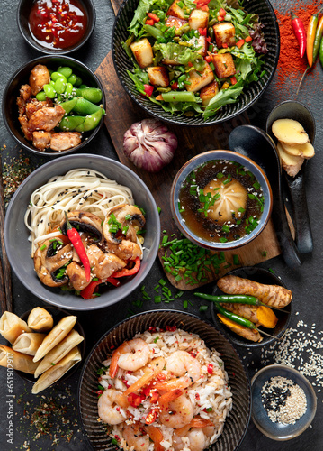 Assortment of asian traditional dishes. Asian food.