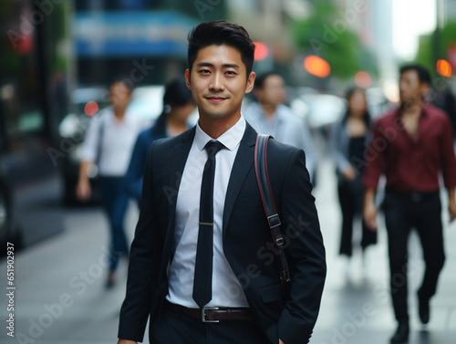 A smiling young Asian businessman in a suit walks along a busy city street, heading to the office. The blurred, bustling street creates a dynamic backdrop.