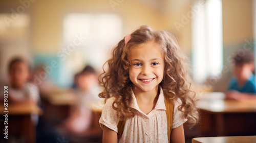 In her classroom, a primary school girl wears a joyful smile, expressing her happiness.