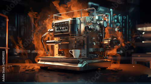 Coffee machine of the future. Warm lighting. Dark colors.