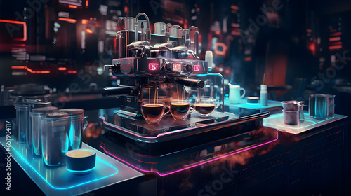 Fotografia Futuristic coffee machine. Neon lighting.