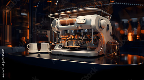 Coffee machine of the future. Warm lighting. Dark colors.  Americano.