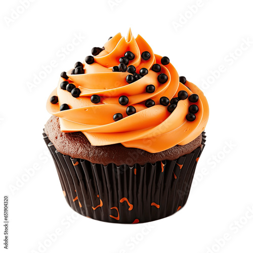 fotografia realista de una magdalena o cupcake de chocolate con merengue de color naranja y virutas de chocolate photo