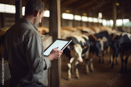 Farmer using tablet with blurred milk cow background