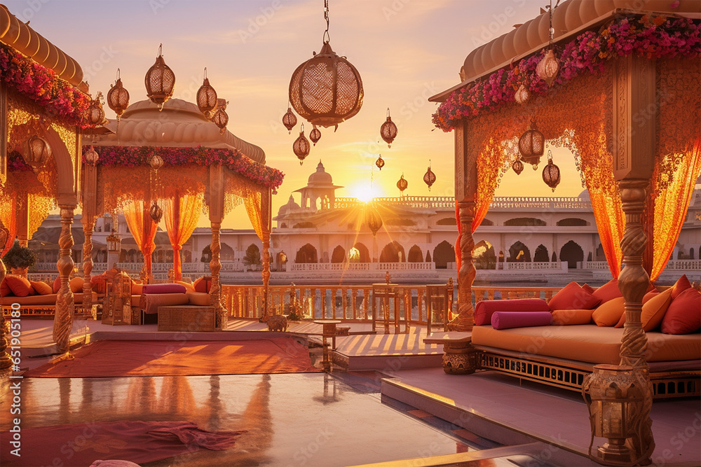 Indian style terrace, wedding decoration at sunset, warm backgrounds - obrazy, fototapety, plakaty 