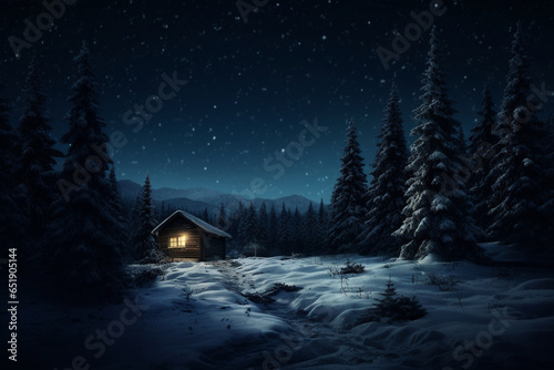 Beautiful landscape of cabin in snow winter season at night time in the forest with stars in the sky.