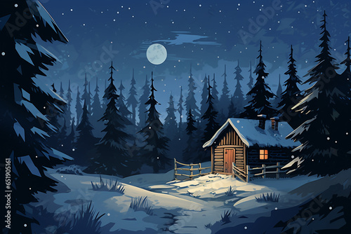 Beautiful landscape of cabin in snow winter season at night time in the forest with stars in the sky.