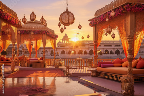 Indian style terrace, wedding decoration at sunset, warm backgrounds