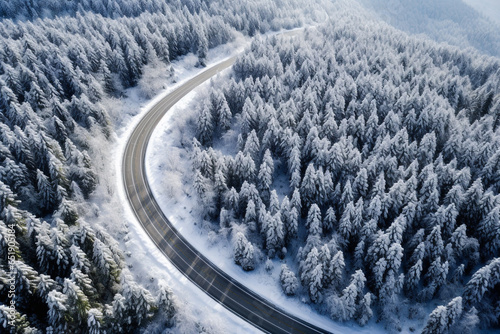 Aerial curved road in the winter season with snow covering on surrounded trees on the mountains. © Sawai Thong