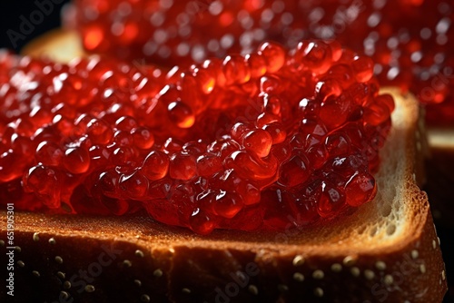 Red caviar on a toast close up delicious appetizer, detailed gourmet foods