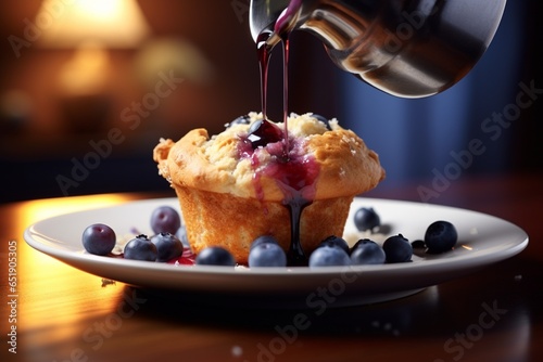 Cupcake with blueberry close up, pourring syrup on tops