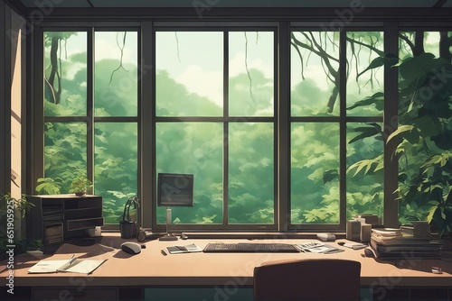 Lofi empty interior Messy desk window view of a forest jungle Anime manga style Colorful