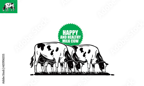 HOLSTEIN DAIRY MILK COW LOGO, silhouette of great catles eating grass in field vector illusstrations. photo