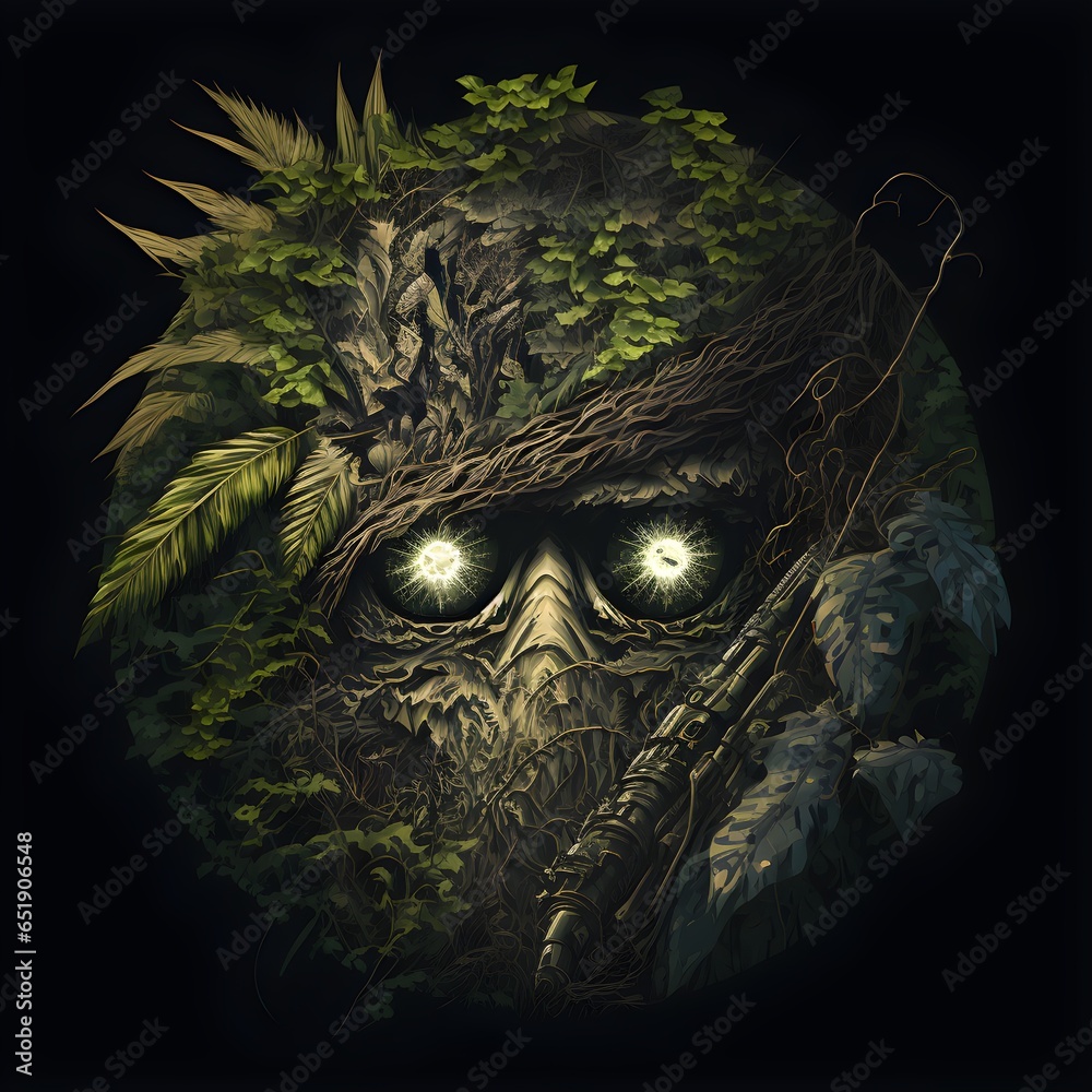 US military sniper logo skull in eye ghillie suit jungle leaves low