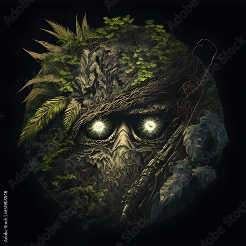 US military sniper logo skull in eye ghillie suit jungle leaves low light shadows camouflage dark art detailed circular  photo