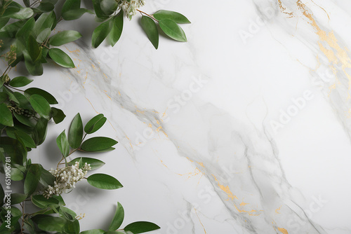 Marble texture card background with green leaves. trendy elegant posters