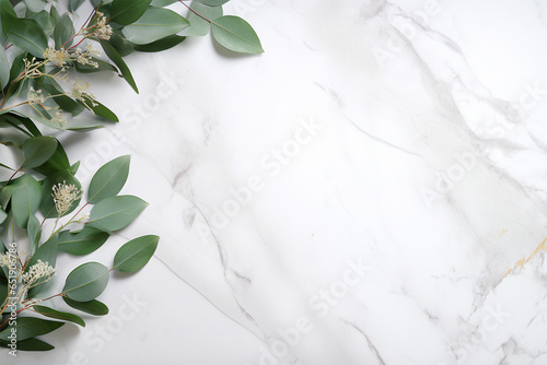 Marble texture card background with green leaves. trendy elegant posters