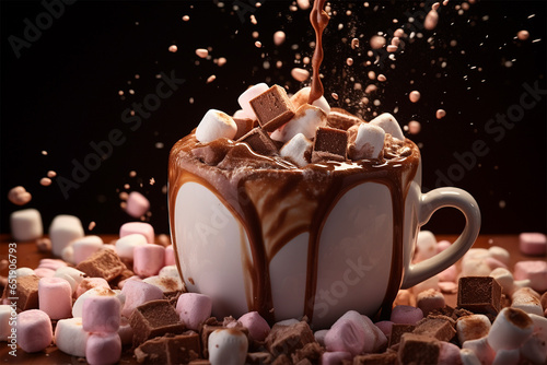 Hot chocolate splash with marshmallows. Fresh drink close ups